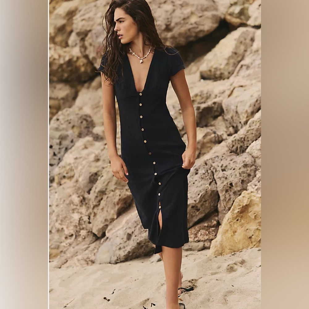 Free People New In Town Black Button Midi Dress Size Large - Picture 3 of 13